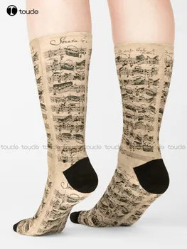 Бах | Оригинални ръкописни бележки на Йохан Себастиан Бах, Черни Чорапи За Жените, Дигитален Печат 360 °, Високо Качество, Подарък 0